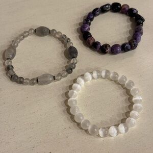 3 Beaded Stretch Bracelets -  Charoite, Selenite, and Tourmalated Quartz
